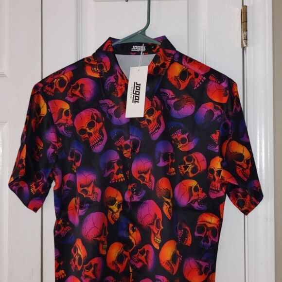 JOGAL Men's Halloween Shirt Pumpkins Skull Short Sleeve Button Down Shirt Sz S - Picture 3 of 6